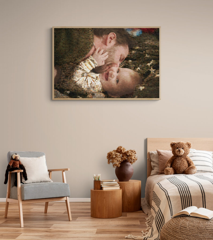Custom baby photo mosaic featuring a tender moment between father and child, blending countless memories into a single portrait.