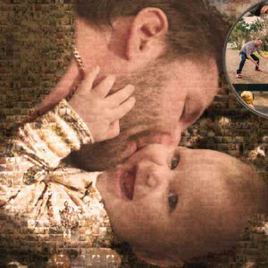 A sepia-toned photo mosaic depicting a tender moment where a father gently kisses his smiling baby's cheek, exuding warmth and calm.