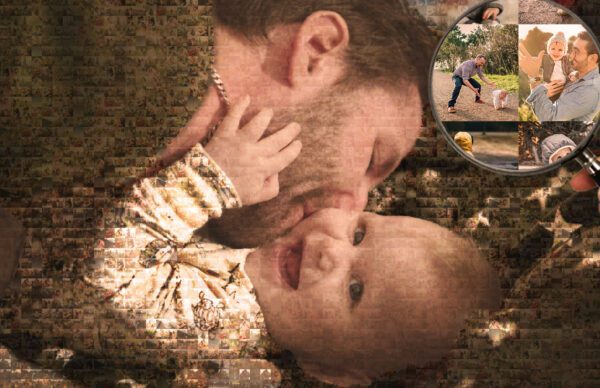 A sepia-toned photo mosaic depicting a tender moment where a father gently kisses his smiling baby's cheek, exuding warmth and calm.