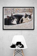 Photo mosaic wall art featuring two cats, displayed above a modern chair with a black and white cat resting on it.