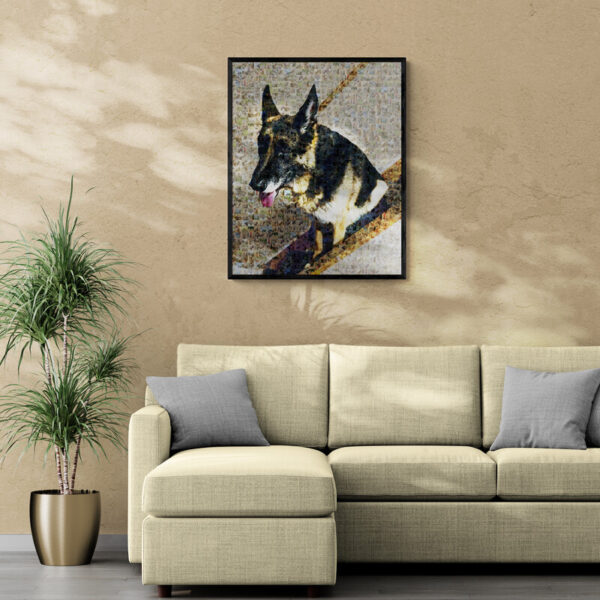 Custom dog photo mosaic artwork displayed in a modern living room setting, showcasing a German Shepherd composed of numerous smaller images.