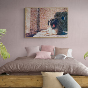 A personalized pet photo mosaic wall art displayed in a bedroom setting, featuring a charming scene of a pug yawning